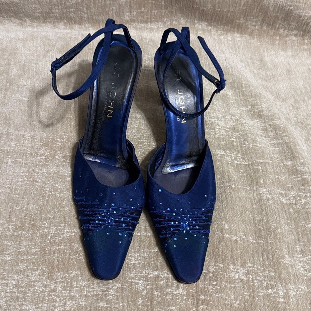 St. John Blue Italian Embellished Fabric Mesh Pointy Toe Slingbacks - Picture 2 of 14